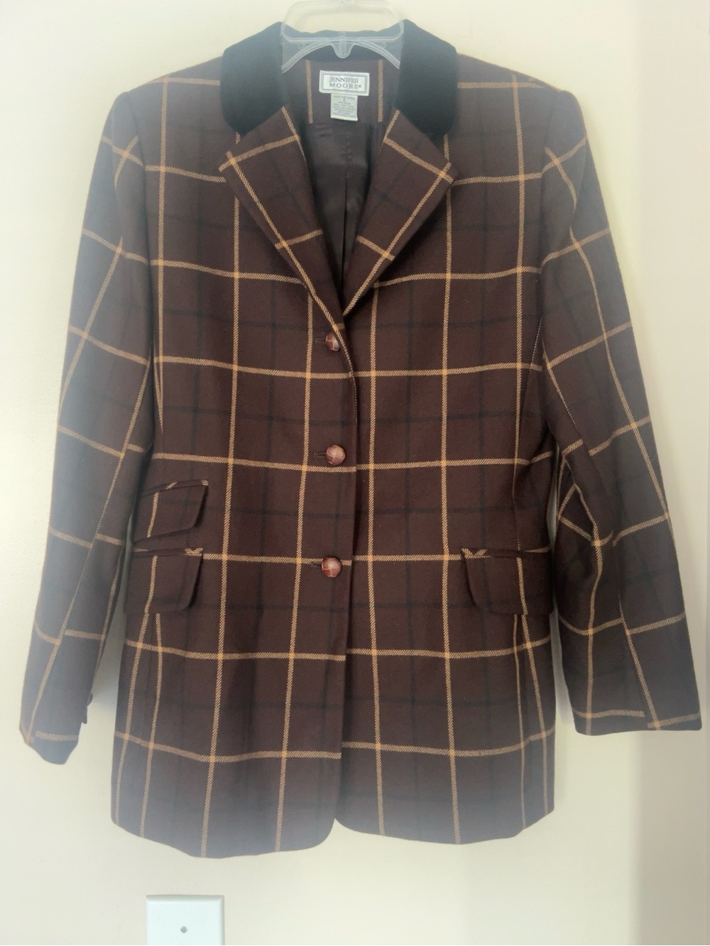 Vintage Jennifer Moore 100% Wool Windowpane Plaid Blazer Brown Sz6 Velvet Collar - Picture 2 of 8